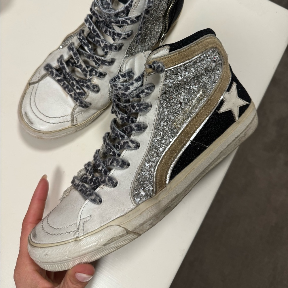Golden Goose Silver Glitter Black Star High-Top slides Sneakers